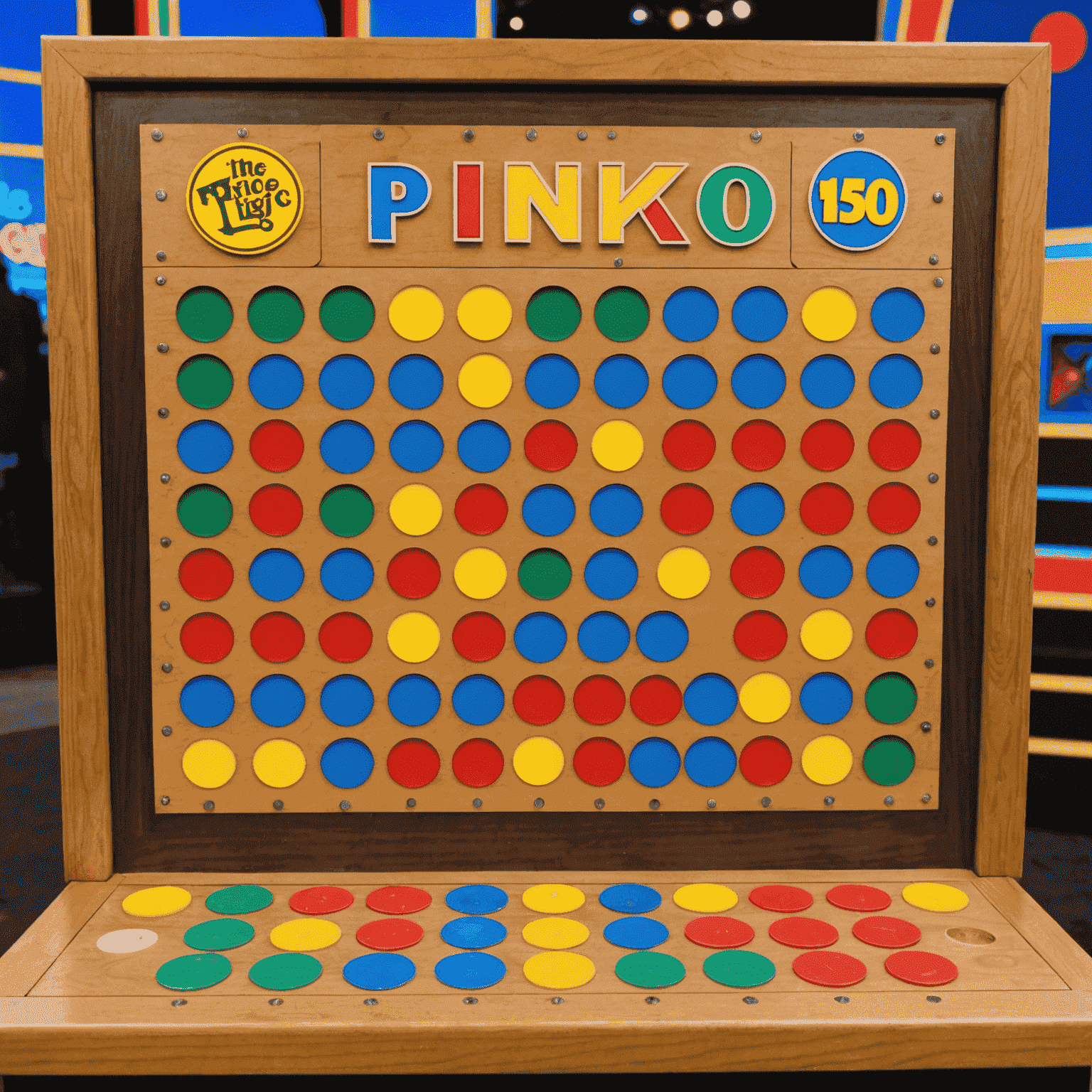 Une photo d'un plateau de jeu Plinko utilisé dans l'émission télévisée The Price is Right, avec des disques colorés et des fentes numérotées.