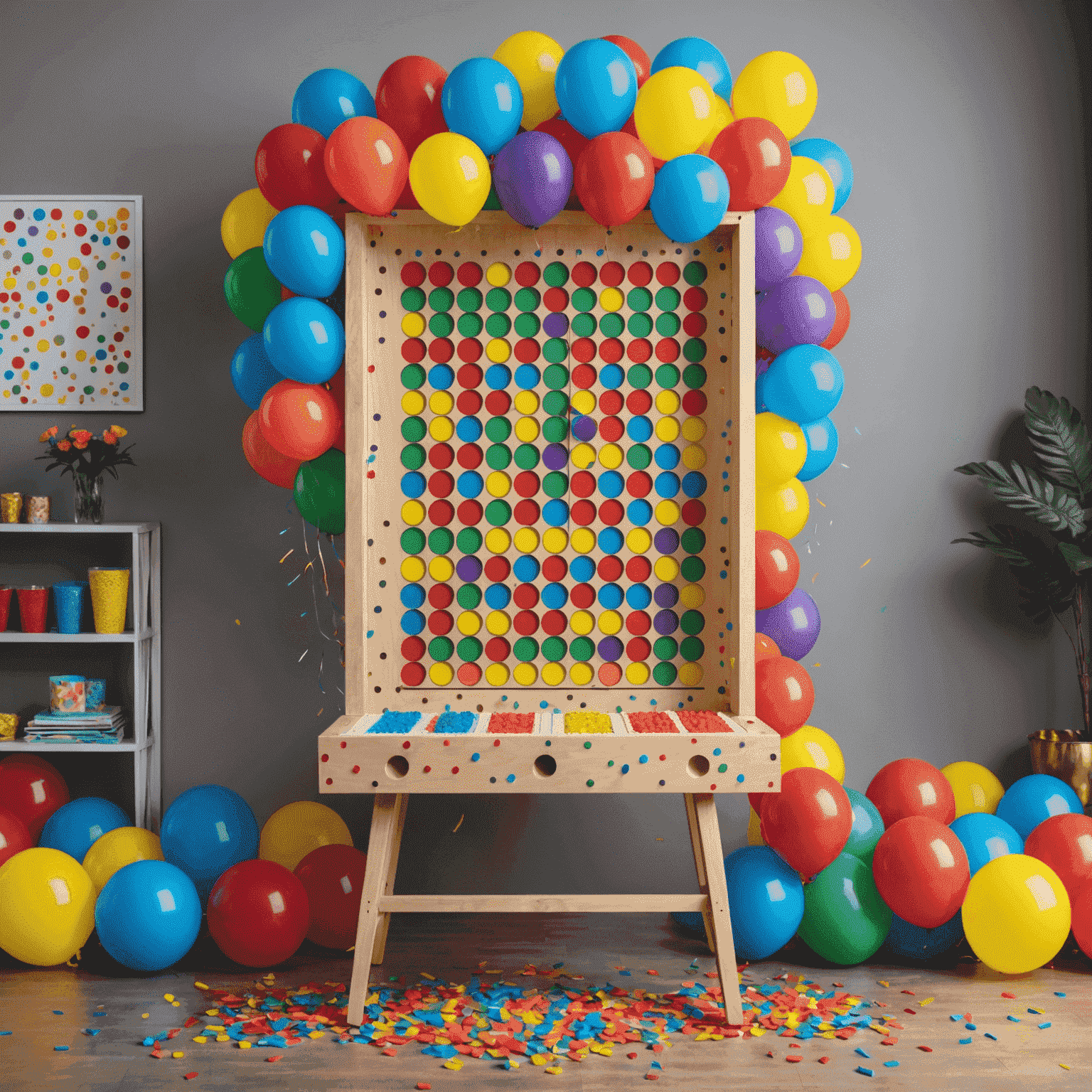 Une table de fête Plinko décorée avec des ballons colorés, des confettis et un tableau Plinko. Des amis et une famille s'amusent autour de la table.