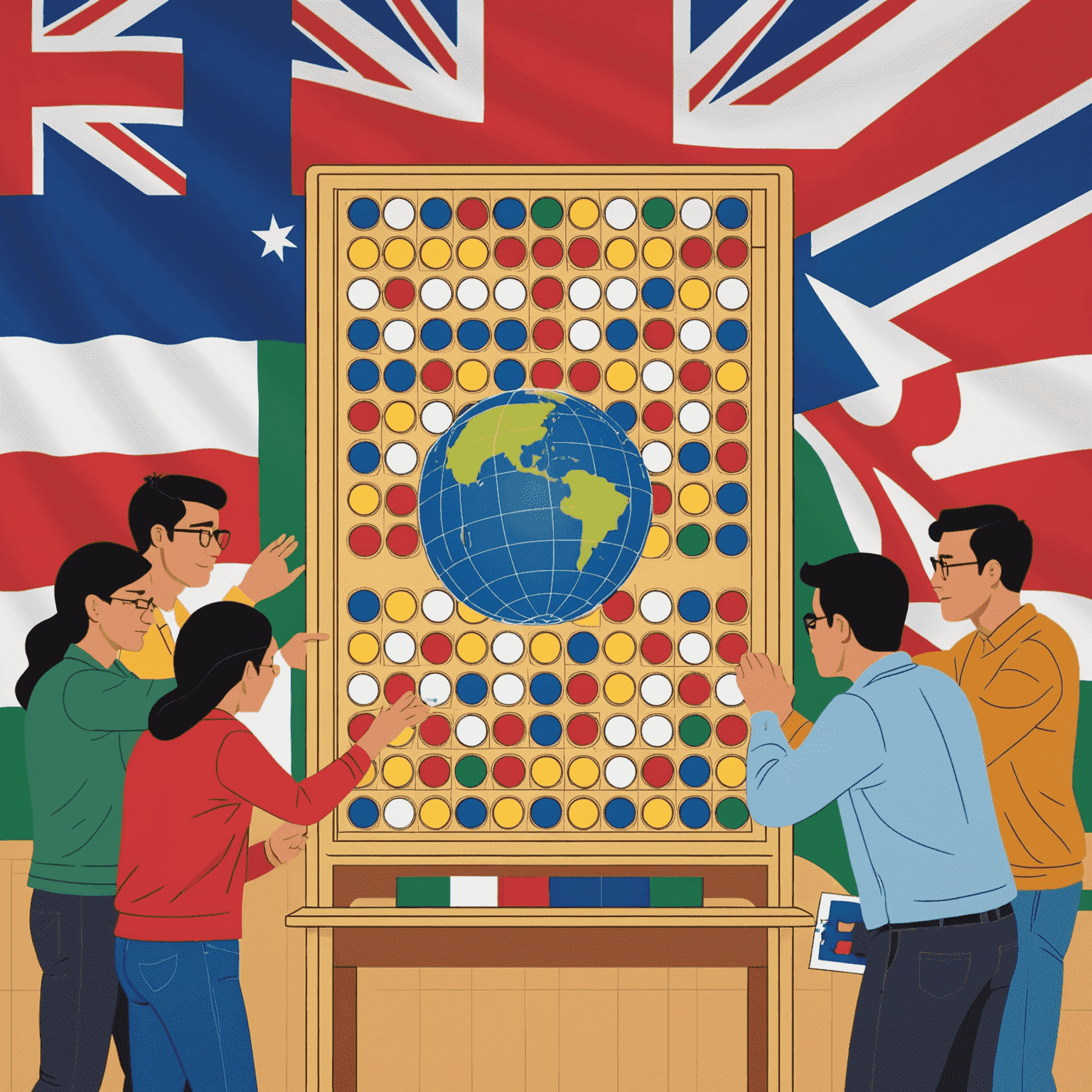 Illustration montrant des personnes jouant au Plinko dans différents pays du monde, avec des drapeaux nationaux en arrière-plan