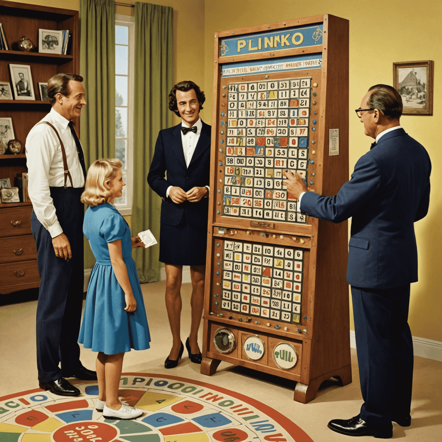 Image illustrant l'histoire du Plinko, montrant une photo vintage du jeu The Price is Right et une famille jouant au Plinko à la maison