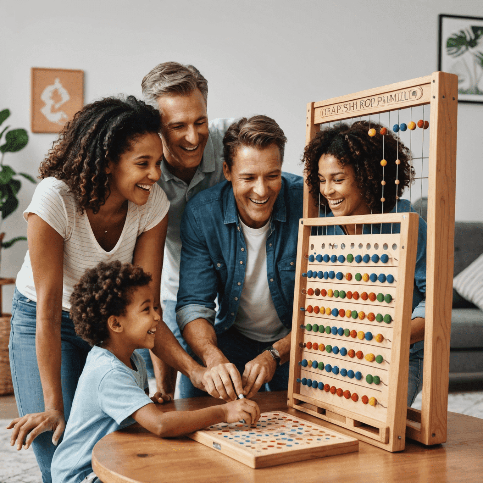 Une famille heureuse jouant ensemble au jeu de société Plinko