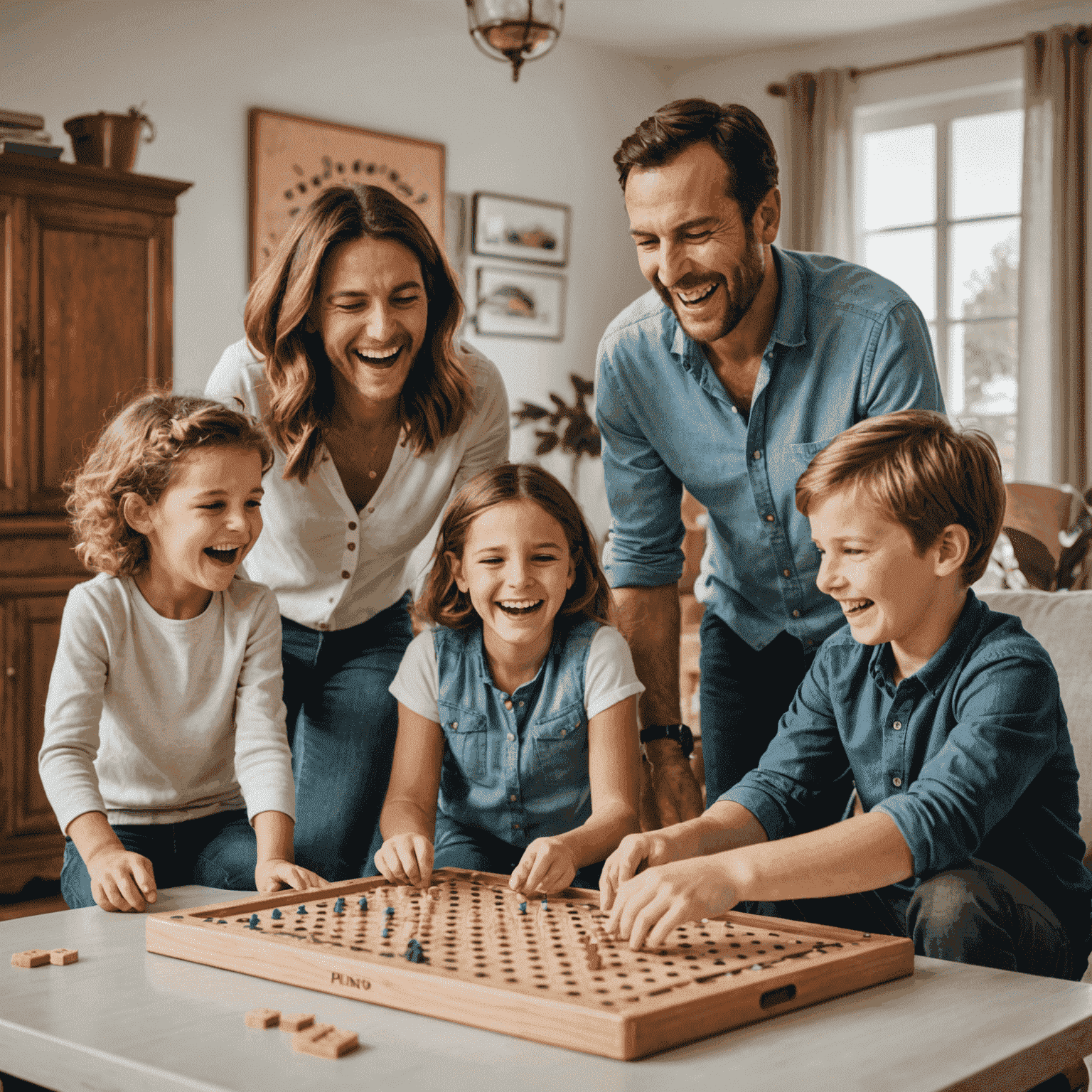 Une photo d'une famille française jouant ensemble au jeu de société Plinko dans leur salon, riant et s'amusant.