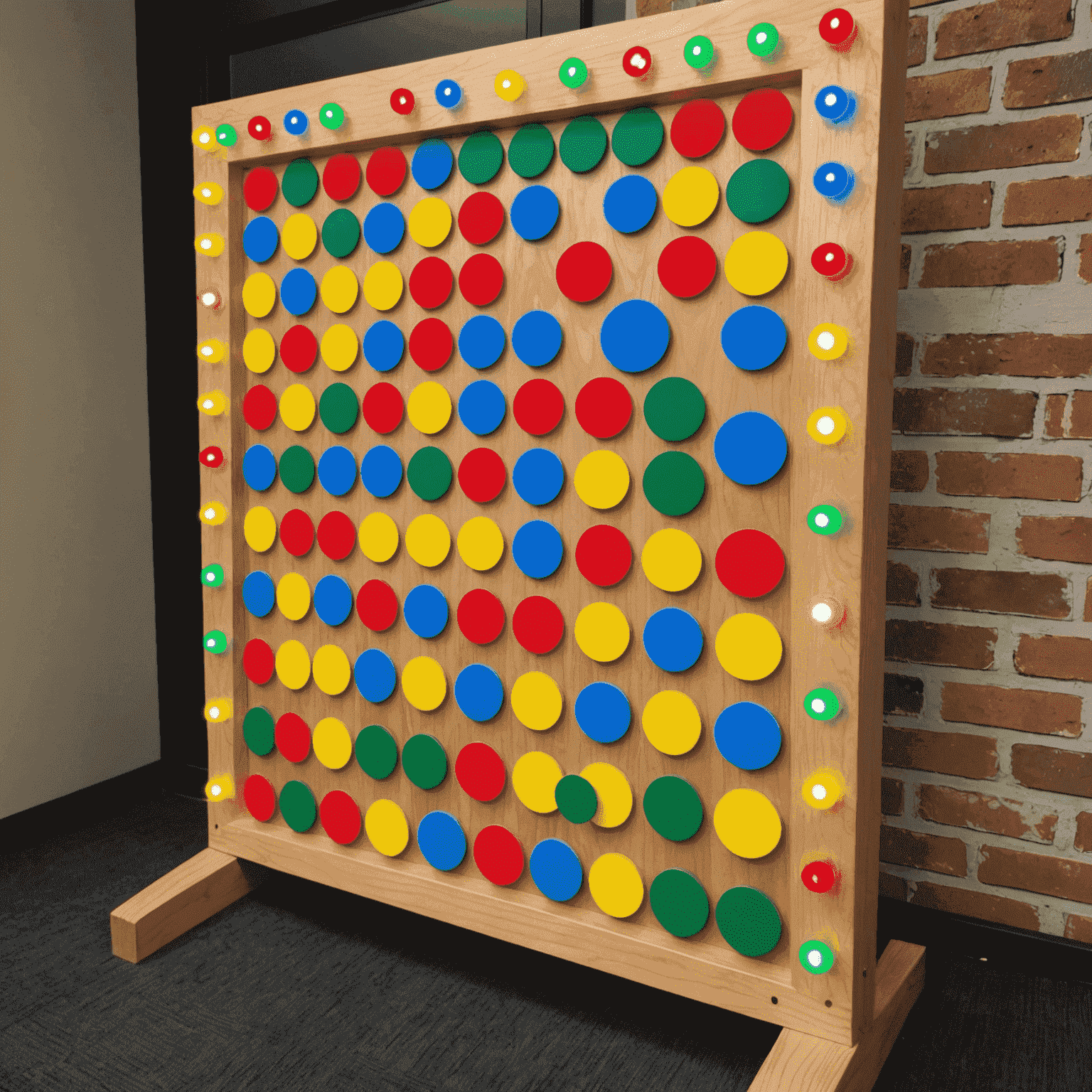 Un grand tableau Plinko personnalisé peint dans des couleurs vives avec des lumières clignotantes autour du cadre. Des invités s'alignent pour jouer.