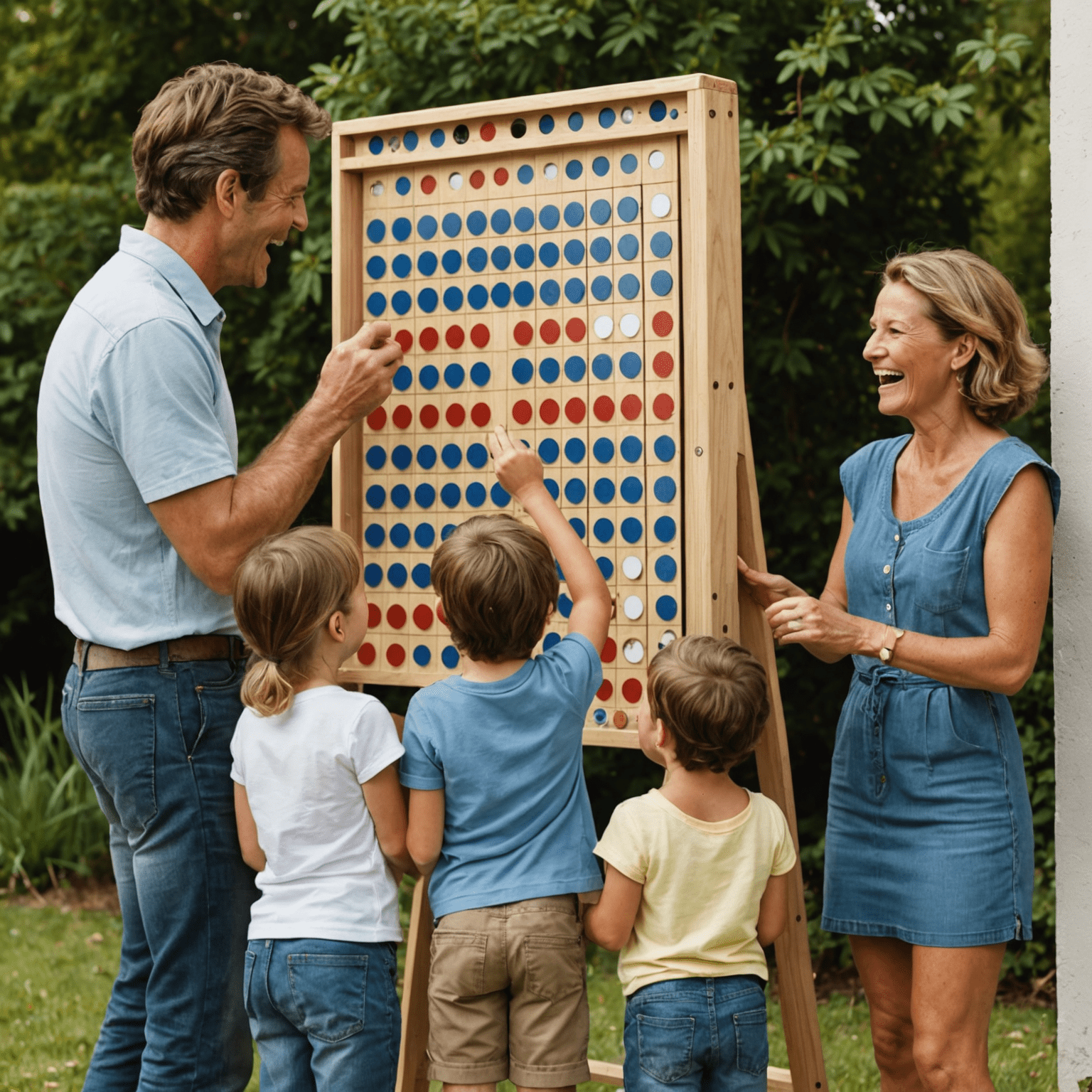 Photo d'une famille française jouant au Plinko ensemble, riant et s'amusant