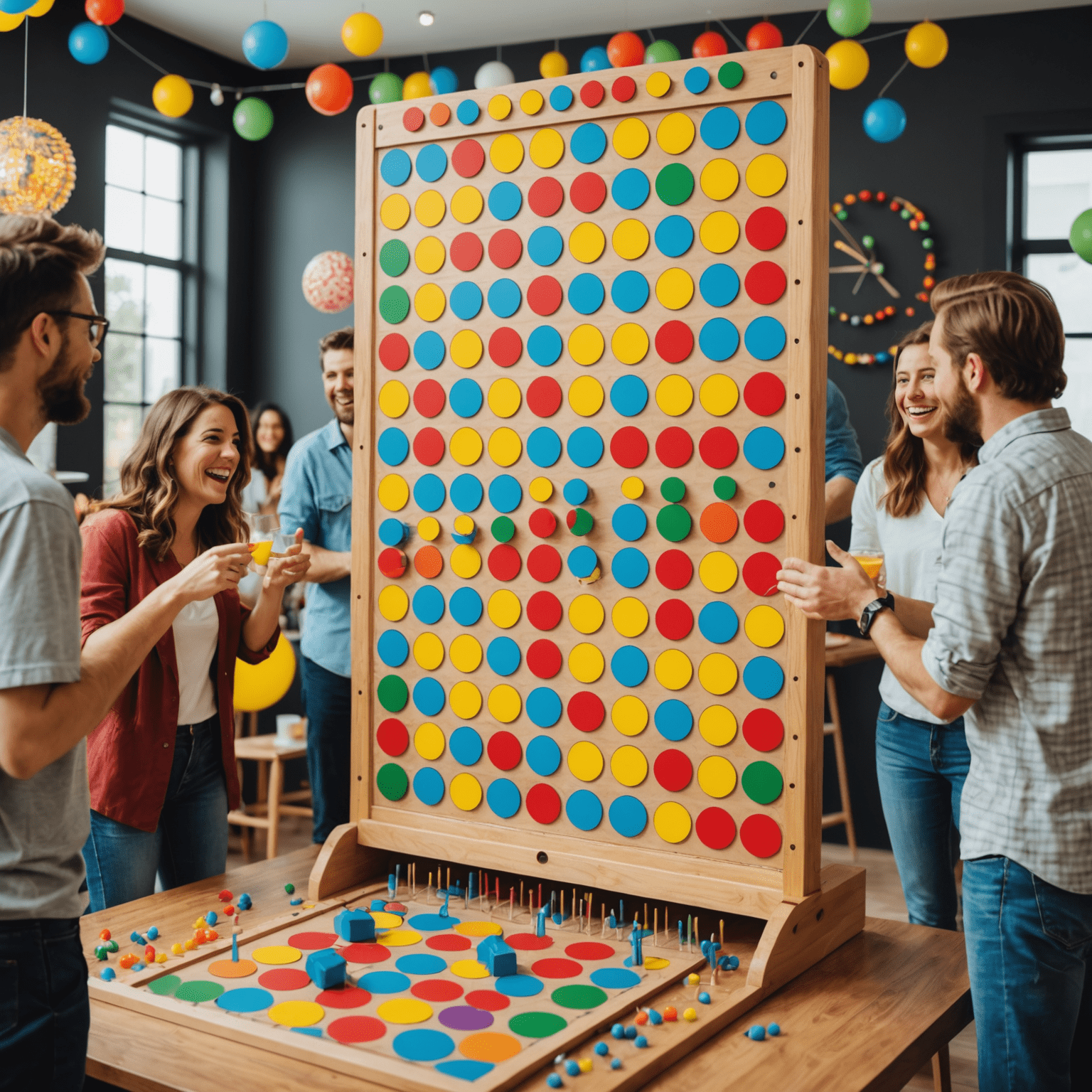 Image d'une fête à thème Plinko, avec des décorations colorées et des gens s'amusant autour d'un grand plateau de jeu