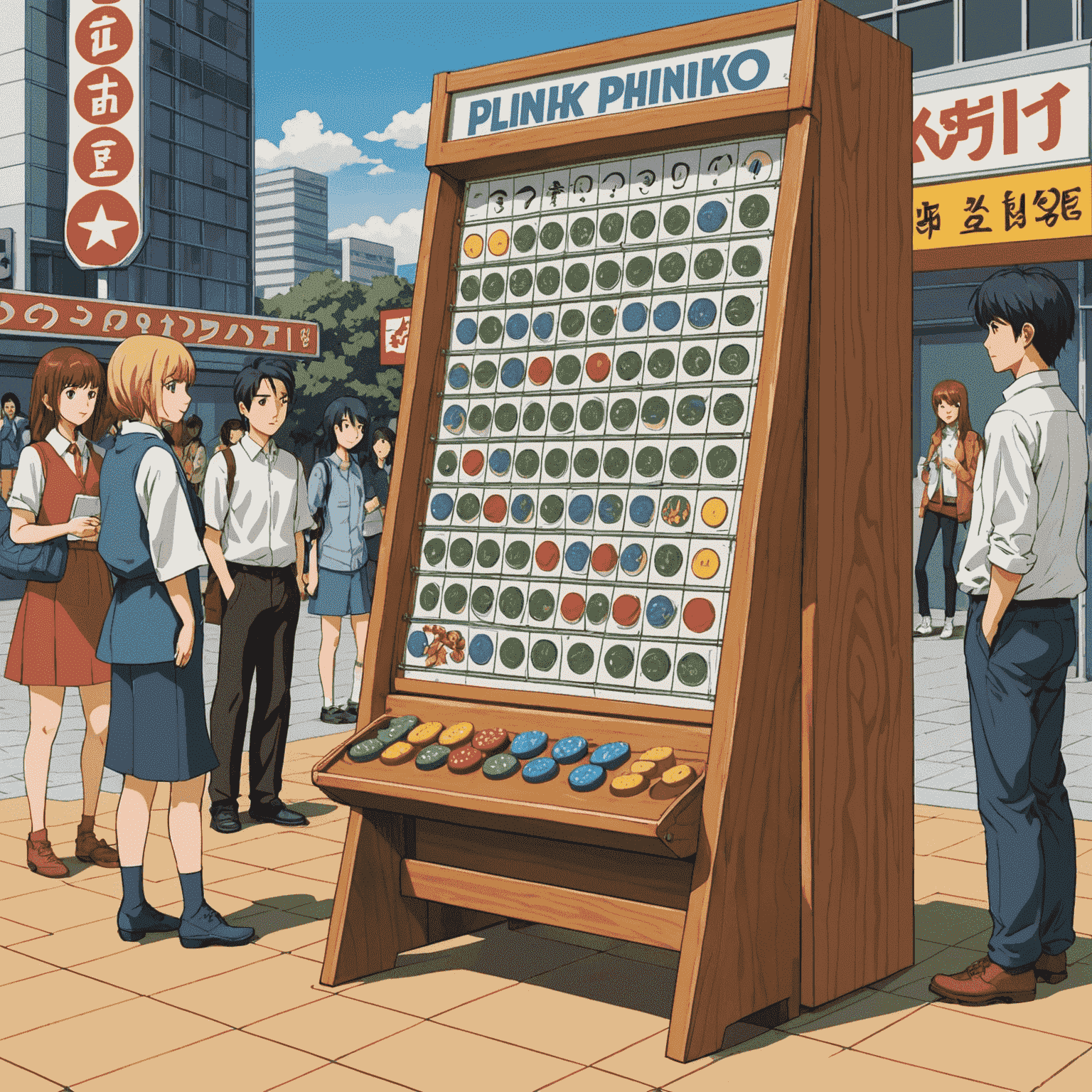 Illustration d'une version japonaise du Plinko avec des personnages de manga et d'anime